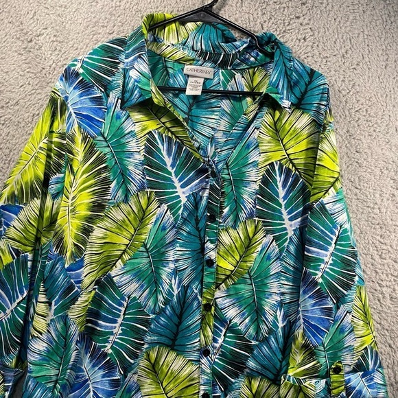 Catherines button up short sleeve top shirt roll tab tropical beachy vacation 2x - Picture 8 of 9